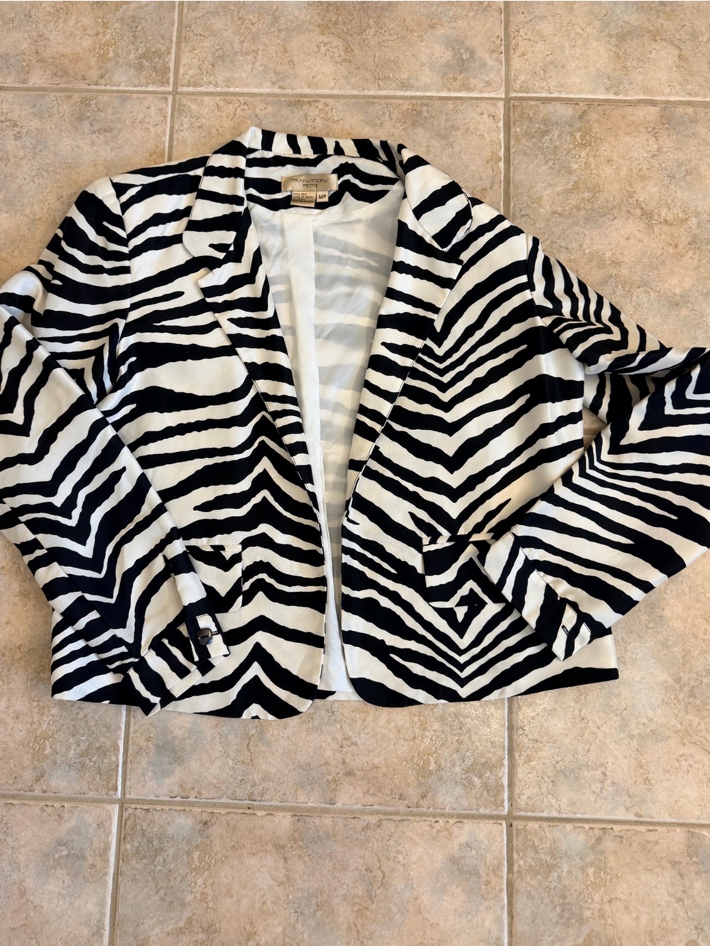 Transitions Petite 100% Silk Zebra Print Open Front Blazer Jacket MP